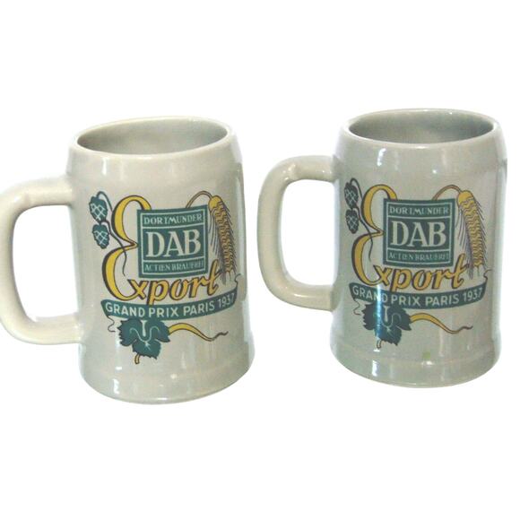 McCoy USA Pottery BEER STEIN MUGS 2 DAB Export Grand Prix Paris 1937 Pint Cups - Picture 1 of 7